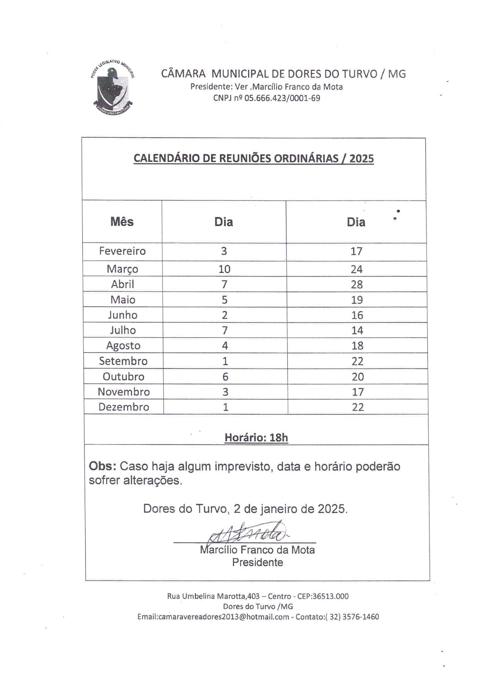 CALENDÁRIO DE REUNIÕES ORDINÁRIAS - 2025