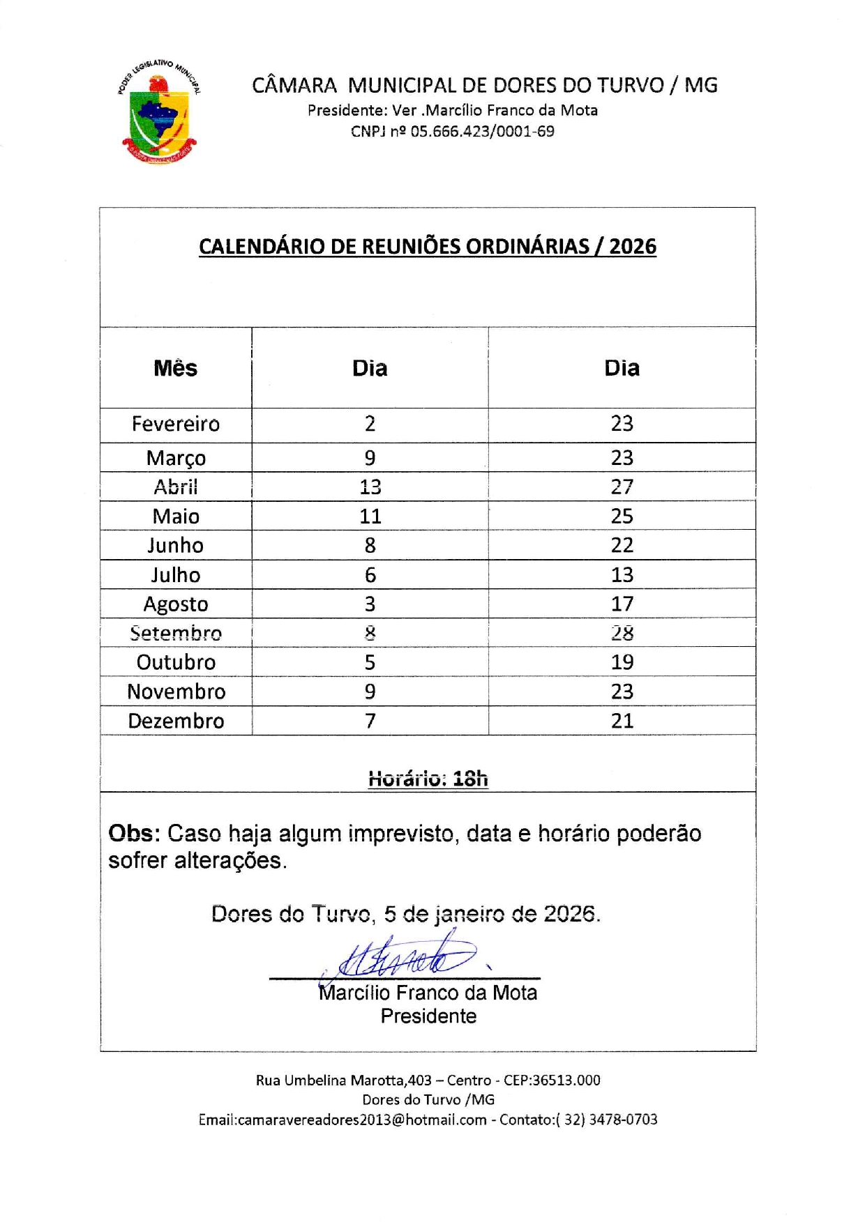 CALENDÁRIO DE REUNIÕES ORDINÁRIAS - 2026