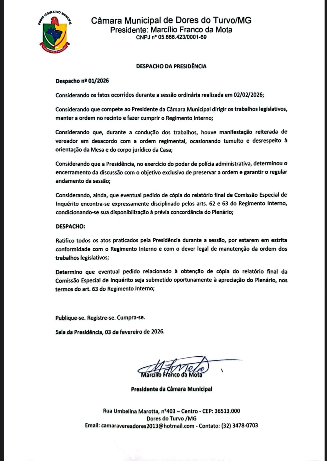 DESPACHO n°01/2026
